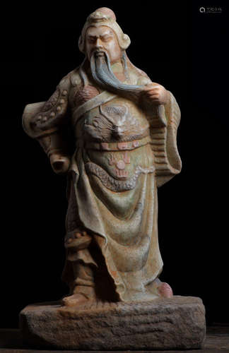 A WHITE MARBLE CARVED GUANGGONG STATUE