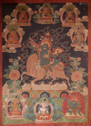 A TIBETAN YELLOW JAMBHALA BUDDHA PATTERN THANGKA