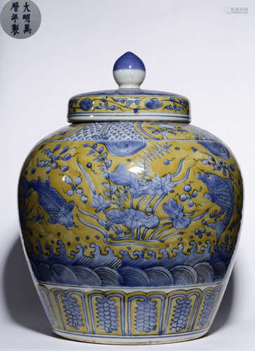 A BLUE&WHITE GLAZE JAR WITH FISH PATTERN