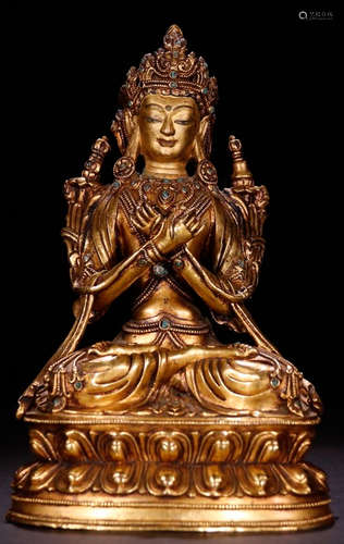 A GILT BRONZE WITH SAPPHIRE TARA BUDDHA STATUE