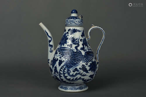 A BLUE AND WHITE PHOENIX EWER YUAN DYNASTY