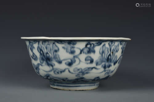 A BLUE AND WHITE PEONY SCROLLS BOWL MING DYNASTY