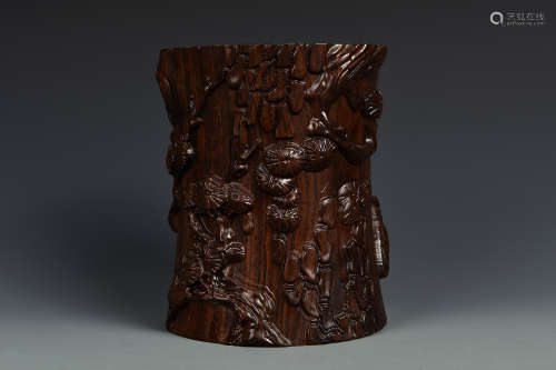 A CARVED BLACKWOOD BRUSHPOT QING DYNASTY