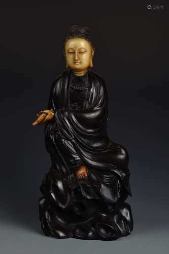 A CARVED ROSEWOOD GUANYIN QING DYNASTY