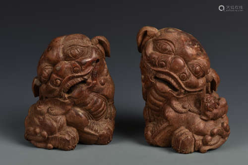 PAIR CARVED BAMBOO FO DOGS QING DYNASTY
