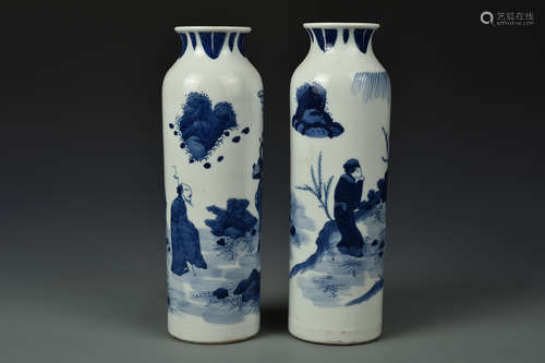 PAIR BLUE AND WHITE SLEEVE VASES