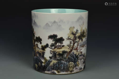 A FAMILLE ROSE LANDSCAPE BRUSH-POT QING DYNASTY