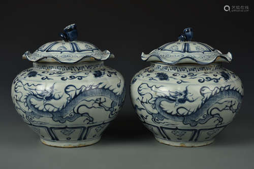 PAIR BLUE AND WHITE DRAGON JARS AND COVERS