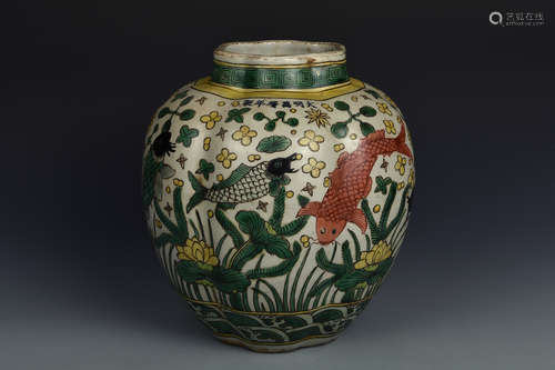 A FAMILLE ROSE LOTUS POND JAR MING DYNASTY