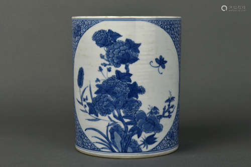 A BLUE AND WHITE PEONIES BRUSH-POT QING DYNASTY