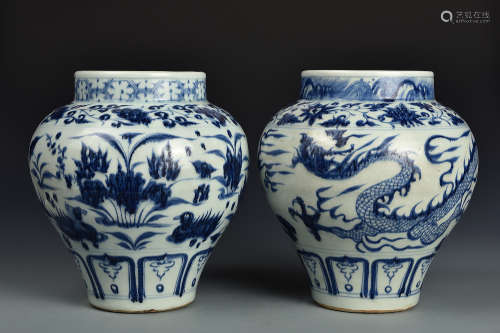 PAIR BLUE AND WHITE JARS YUAN DYNASTY