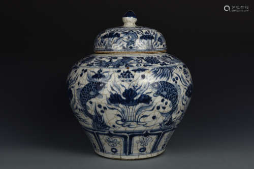 A BLUE AND WHITE LOTUS POND JAR AND COVER QING DYNASTY