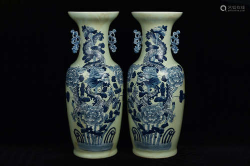 MATCHED PAIR CELADON GROUND AND UNDERGLAZE BLUE VASES QING DYNASTY