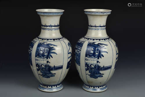 PAIR BLUE AND WHITE FIGURAL VASES QING DYNASTY