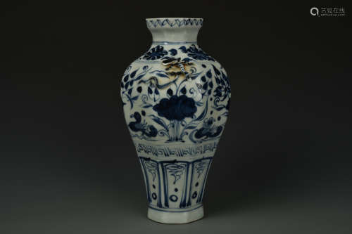 A BLUE AND WHITE LOTUS POND VASE YUAN DYNASTY