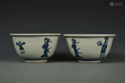 PAIR BLUE AND WHITE FIGURAL BOWLS MING DYNASTY