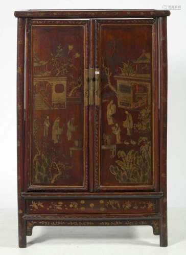 Small carved and lacquered wooden two door cabinet…