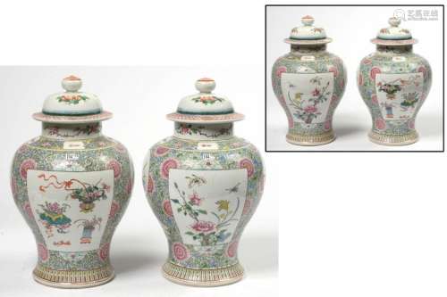 Pair of large covered polychrome porcelain vases f…