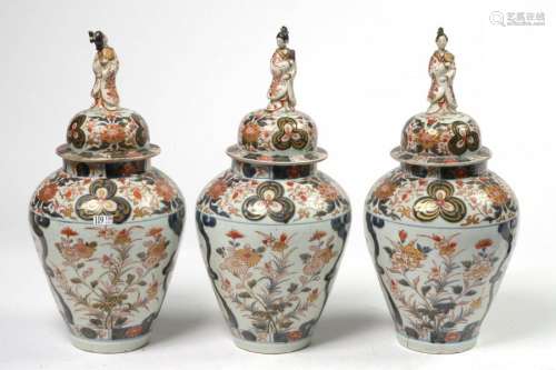 Three covered polychrome porcelain vases with Imar…