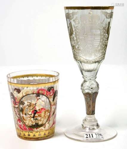 Two glassware: a translucent glass goblet decorate…