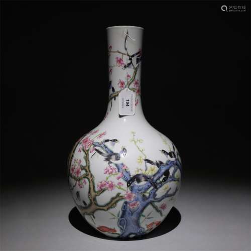a chinese magpie on plum pastel ball vase