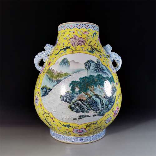 a chinese Yellow glaze and pastel landscape Venerable vase