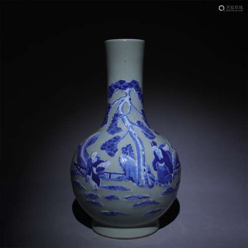 Douqing glaze blue and white figure ball bottle