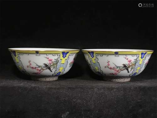 A pair of Magpies in plum bowl