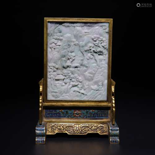 Bronze Cloisonne base, emerald carving, landscape decoration and screen