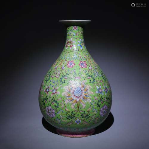 Spring vase decorated with green glaze and pink flowers