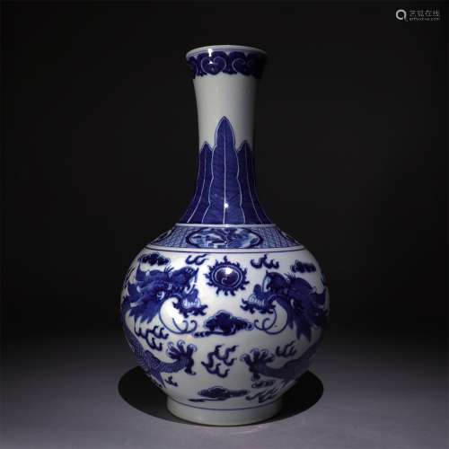 Ornamental bottle with blue and white two dragon play beads decoration
