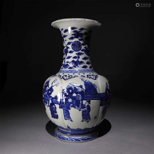 Blue and white glaze character story decoration Pankou bottle