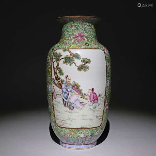 Lantern vase decorated with green glaze and pastel figures