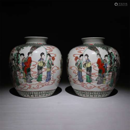 a pair Multicolored glaze figure pattern pots