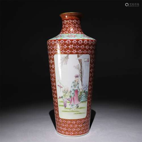 Bauxite red glaze fenestration, pastel bottle with figure decoration