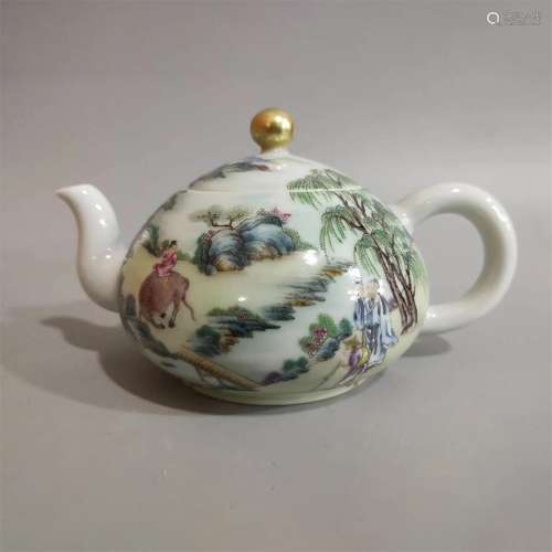 Tea pot decorated with pastel figures and landscape patterns