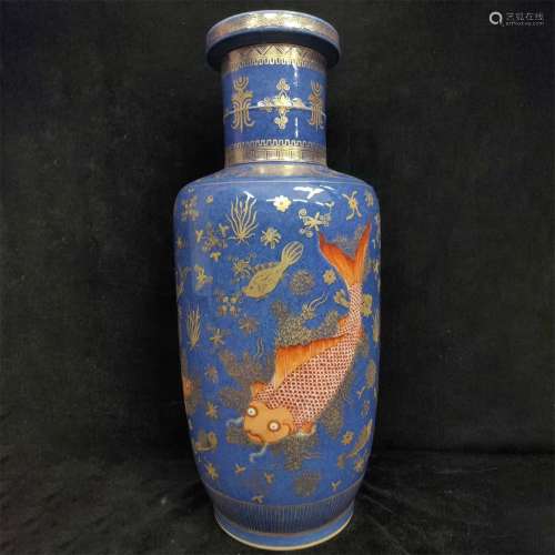 Blue glaze, pink fish pattern, stick and mallet bottle
