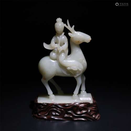 Mahogany base Hetian jade white jade deer riding Fairy Ornament