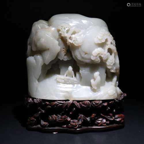 Mahogany base Hetian jade white jade immortal playing piano carving ornaments