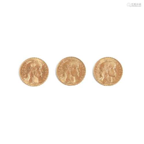 Bundle of three gold coins 20F, 1909 and 1914 .Bun…