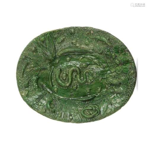 LARGE OVAL PLATE IN GREEN GLAZED EARTH, PRÉ D'AUGE…
