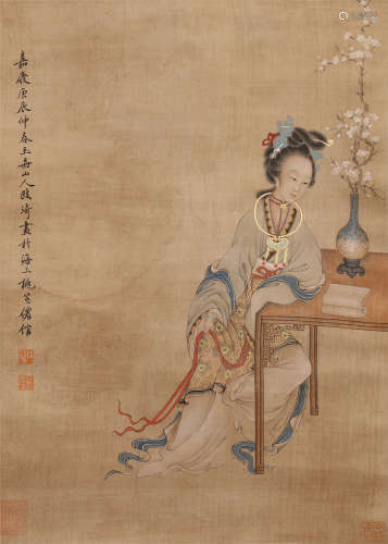 CHINESE SCROLL PAINTING LADY SEATED BESIDES TABLE BY GAIQI