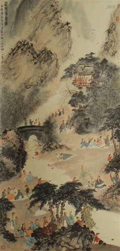 A CHINESE SCROLL PAINTING FIGURES IN THE MOUNTAIN BY FUBAOSHI