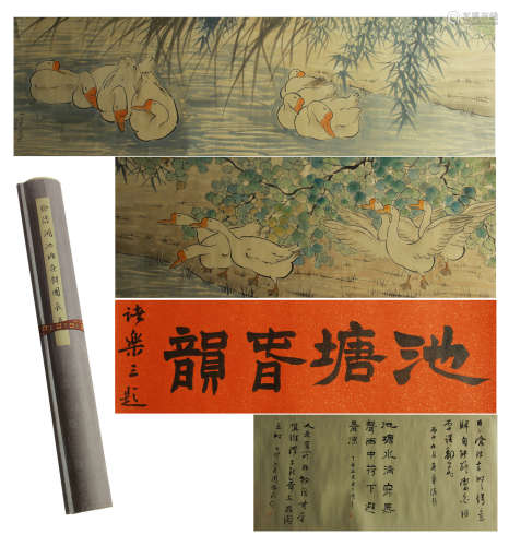A CHINESE SCROLL PAINTING OF GOOSE WITH CALLIGRAPHY BY XUBEIHONG