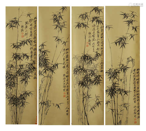 FOUR HANGING PAINTING SCROLLS OF BAMBOO BY ZHENGBANQIAO