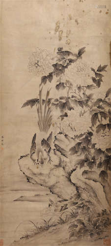 A CHINESE SCROLL PAINTING FLOWERS AND BIRD BY ZHANGZHONG