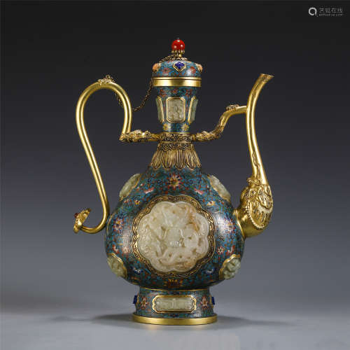 A CHINESE ENTWINE BRANCHES LOTUS PATTERN CLOISONNE INLAID JADE WINE POT