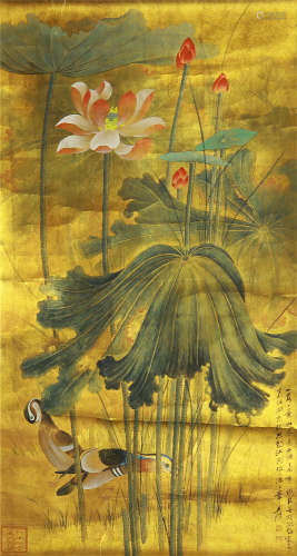 A CHINESE SCROLL PAINTING OF LOTUS AND MANDARIN DUCK BY ZHANGDAQIAN