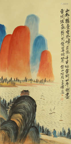 A CHINESE SCROLL PAINTING OF MOUNTAIN AND RIVER LANDSCAPE