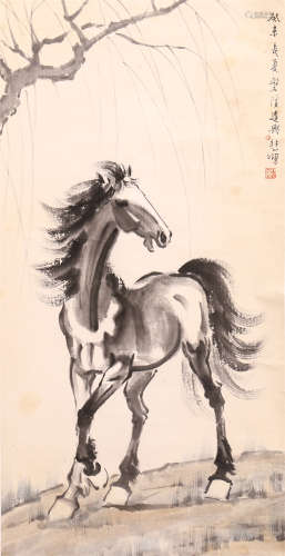 A CHINESE SCROLL PAINTING HORSE BY XUBEIHONG